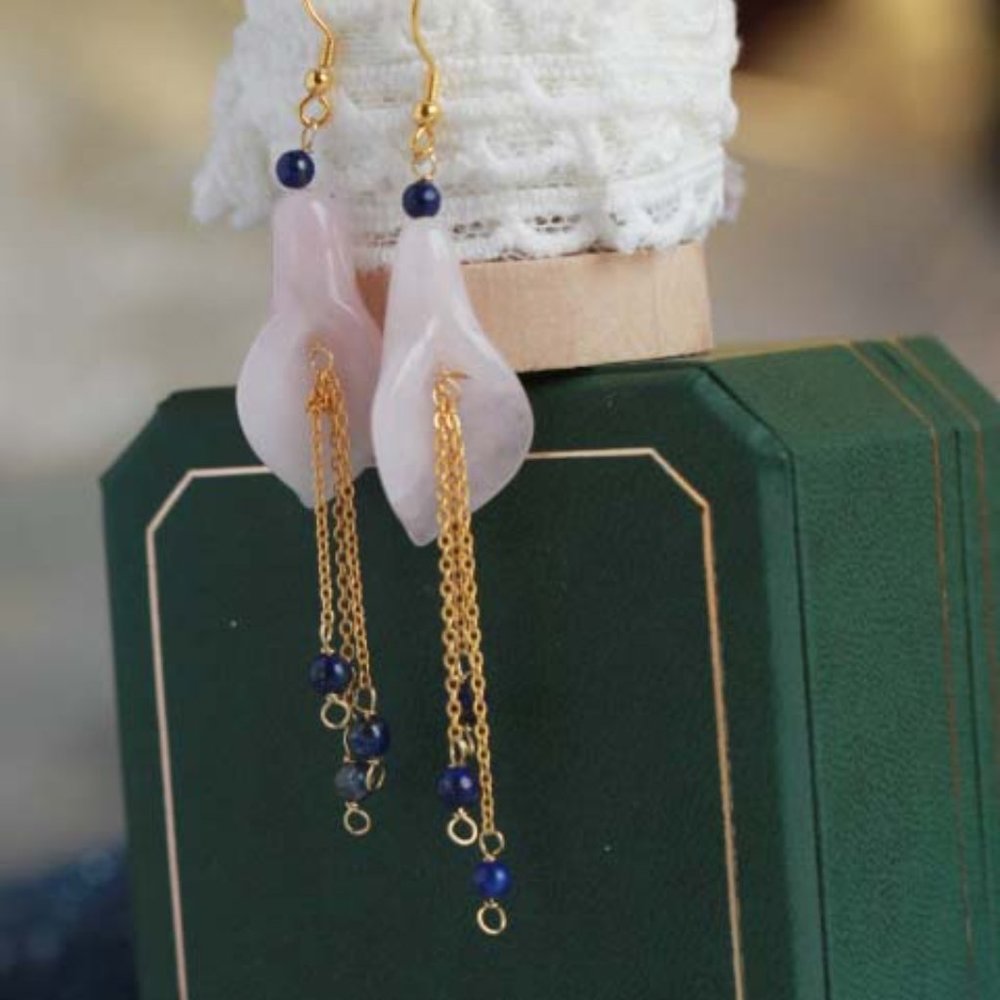 Natural Pink Quartz Dangle Earrings Natural Gemstone Flower Earrings For Her - Picture 4 of 8